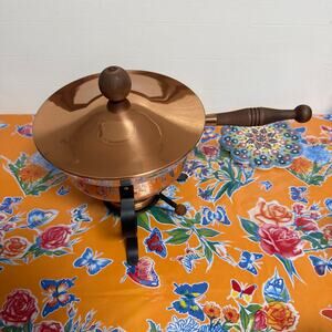 Vintage Copper Chafing Warming Dish Pot Pan With Wooden Handle